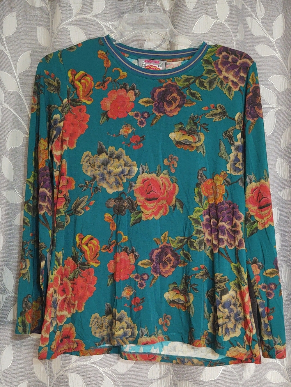 Johnny Was Teal Floral Long-Sleeve Women's Top size L